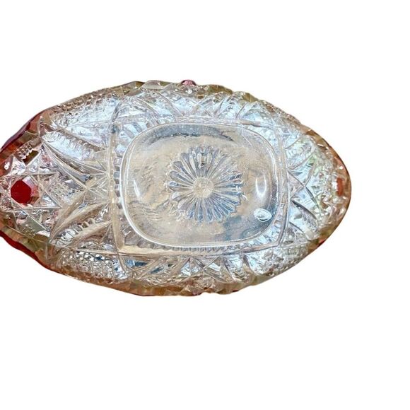 Vintage Bohemian Etched Crystal Bowl Ruby Red Trim Decorative 6" - Picture 3 of 8